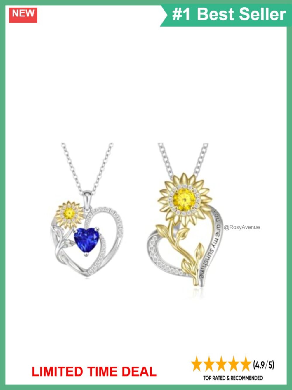 925 Sterling Silver 14K Gold Plated Sunflower Necklace Set CZ Heart Pendant Gift